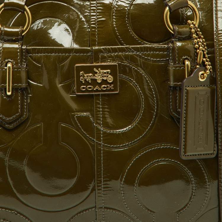 Pre Owned Coach Olive Green Op Art Embossed Patent Leather Madison Satchel