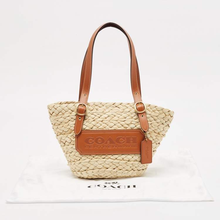Pre Owned Coach Beige/Brown Straw and Leather Structured 16 Tote 