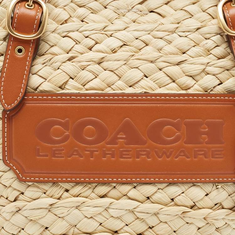 Pre Owned Coach Beige/Brown Straw and Leather Structured 16 Tote 