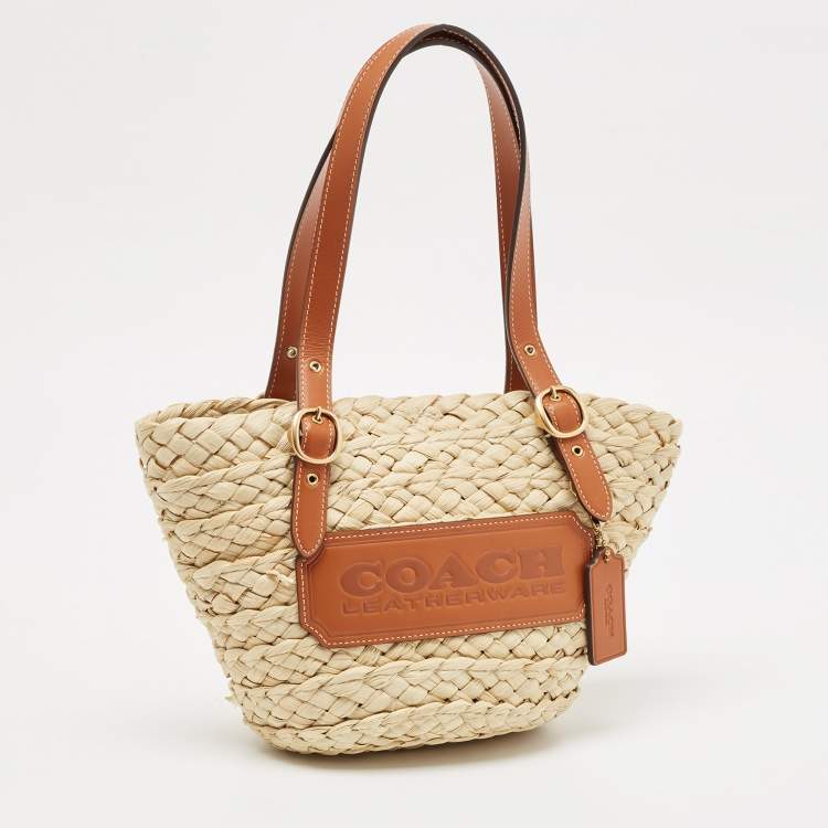 Pre Owned Coach Beige/Brown Straw and Leather Structured 16 Tote 