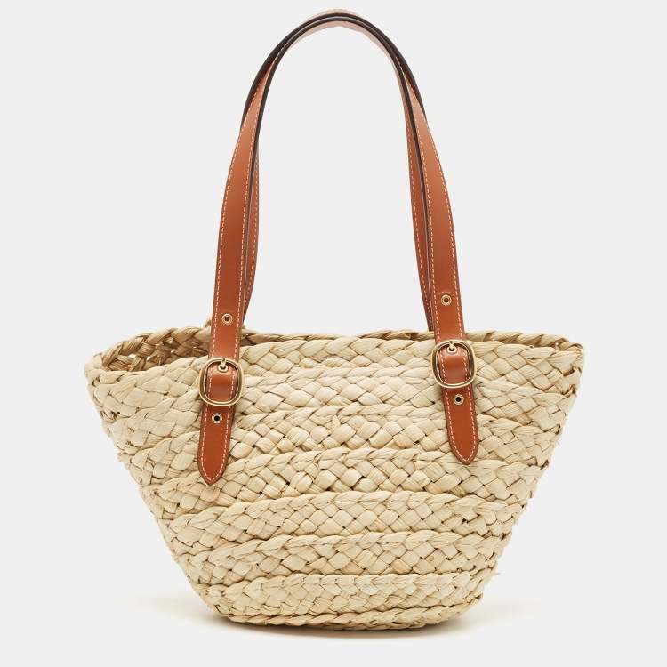 Pre Owned Coach Beige/Brown Straw and Leather Structured 16 Tote 