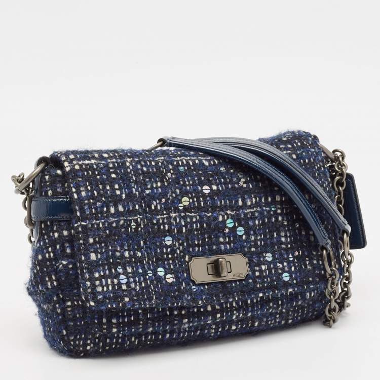 Pre Owned Coach Navy Blue Tweed and Leather Chelsea Turnlock Shoulder Bag