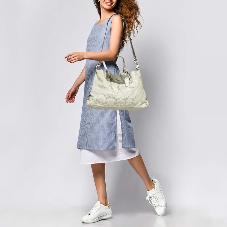 Pre Owned Coach White/Silver Signature Canvas and Leather Ashley Tote