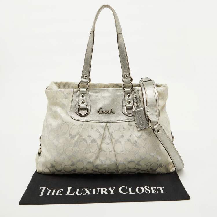 Pre Owned Coach White/Silver Signature Canvas and Leather Ashley Tote