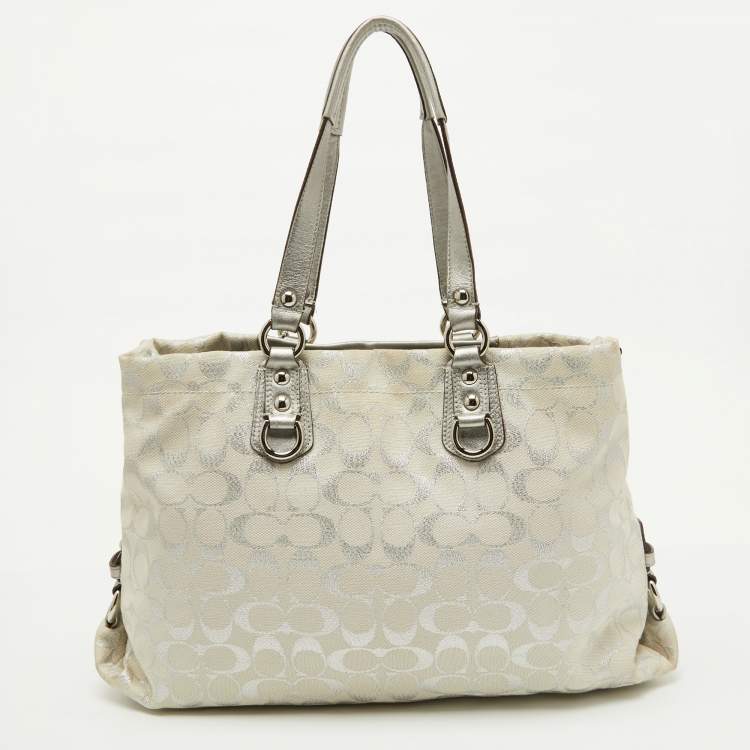 Pre Owned Coach White/Silver Signature Canvas and Leather Ashley Tote