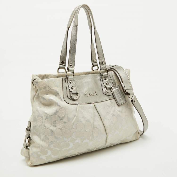 Pre Owned Coach White/Silver Signature Canvas and Leather Ashley Tote