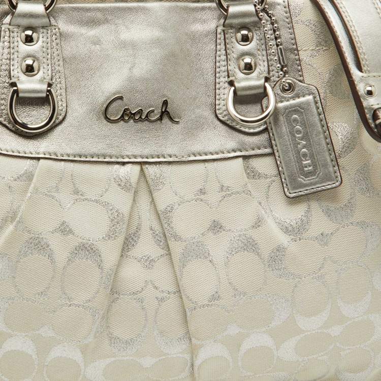 Pre Owned Coach White/Silver Signature Canvas and Leather Ashley Tote