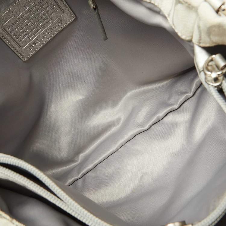 Pre Owned Coach White/Silver Signature Canvas and Leather Ashley Tote