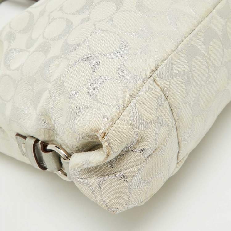 Pre Owned Coach White/Silver Signature Canvas and Leather Ashley Tote