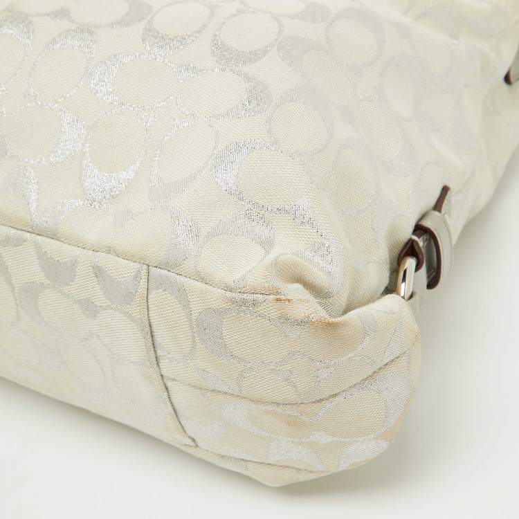 Pre Owned Coach White/Silver Signature Canvas and Leather Ashley Tote