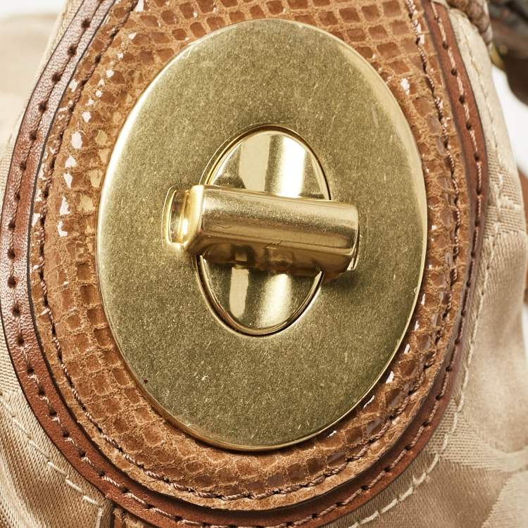 مملوكة مسبقًا Coach Brown/Beige Signature Fabric and Snakeskin Effect Peyton Hobo