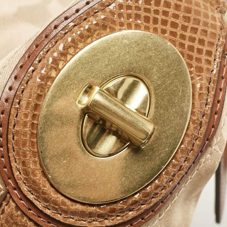 مملوكة مسبقًا Coach Brown/Beige Signature Fabric and Snakeskin Effect Peyton Hobo