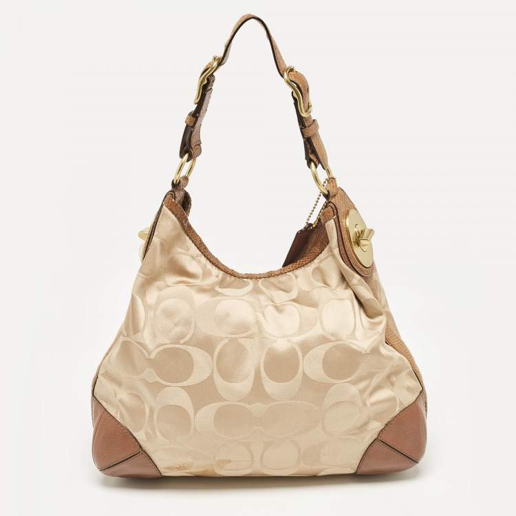 مملوكة مسبقًا Coach Brown/Beige Signature Fabric and Snakeskin Effect Peyton Hobo