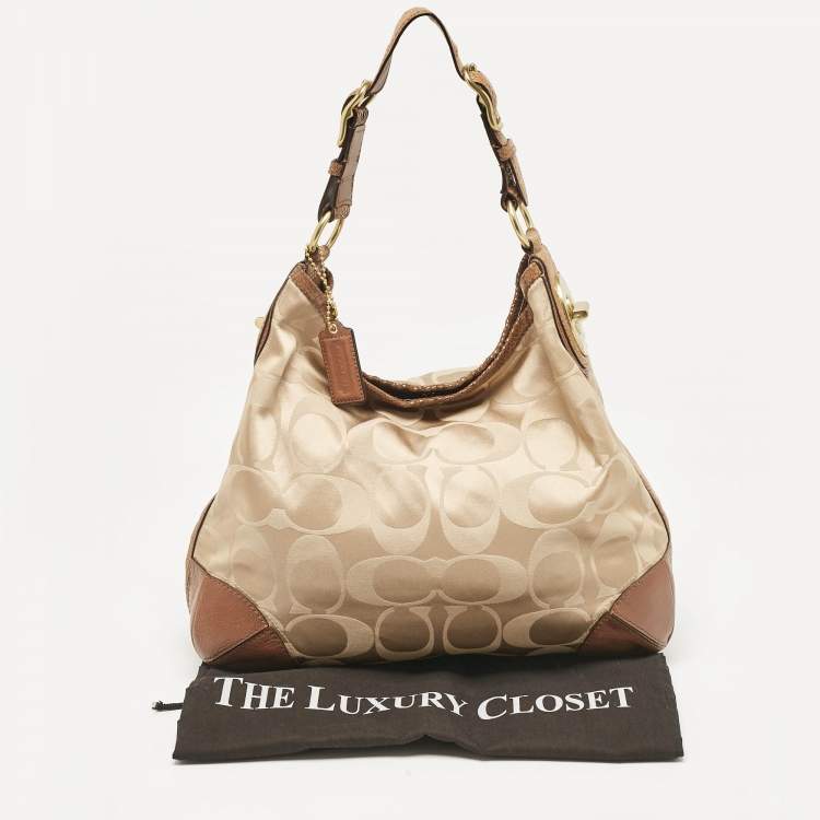 مملوكة مسبقًا Coach Brown/Beige Signature Fabric and Snakeskin Effect Peyton Hobo