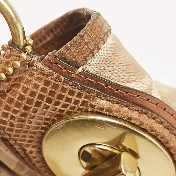مملوكة مسبقًا Coach Brown/Beige Signature Fabric and Snakeskin Effect Peyton Hobo