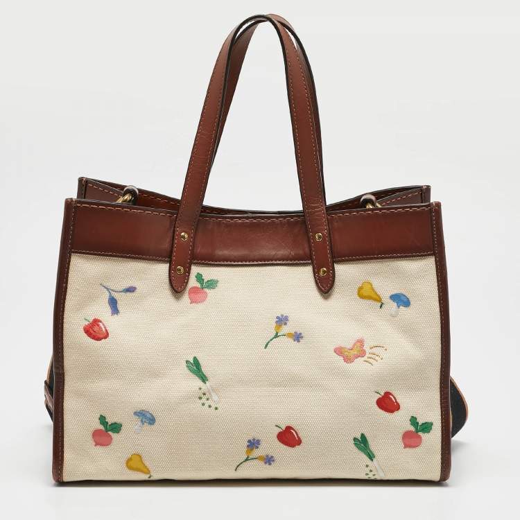 Pre Owned Coach Beige/Cream Canvas and Leather Garden Embroidery Field 30 Tote 