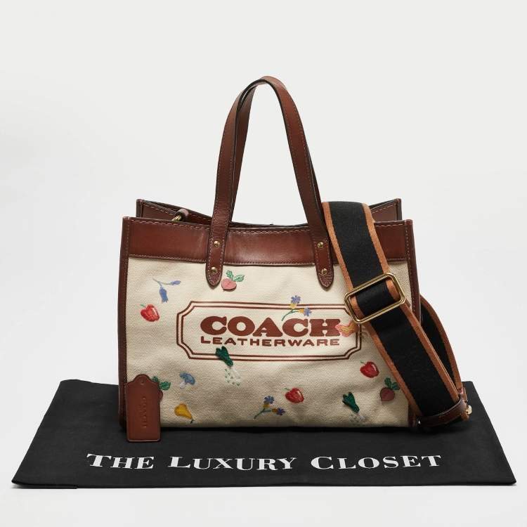 Pre Owned Coach Beige/Cream Canvas and Leather Garden Embroidery Field 30 Tote 