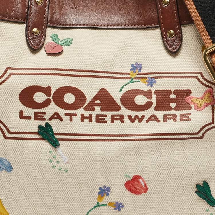 Pre Owned Coach Beige/Cream Canvas and Leather Garden Embroidery Field 30 Tote 
