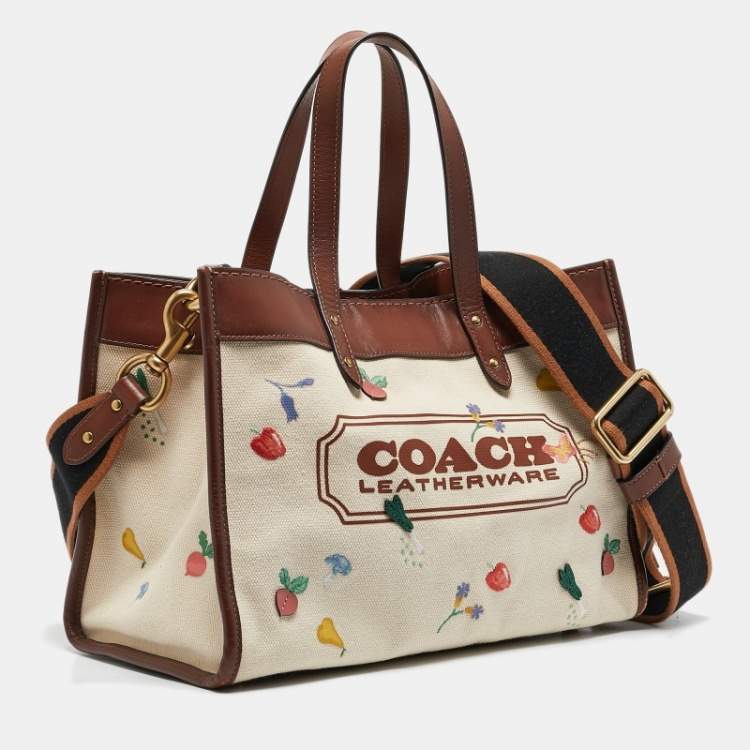 Pre Owned Coach Beige/Cream Canvas and Leather Garden Embroidery Field 30 Tote 