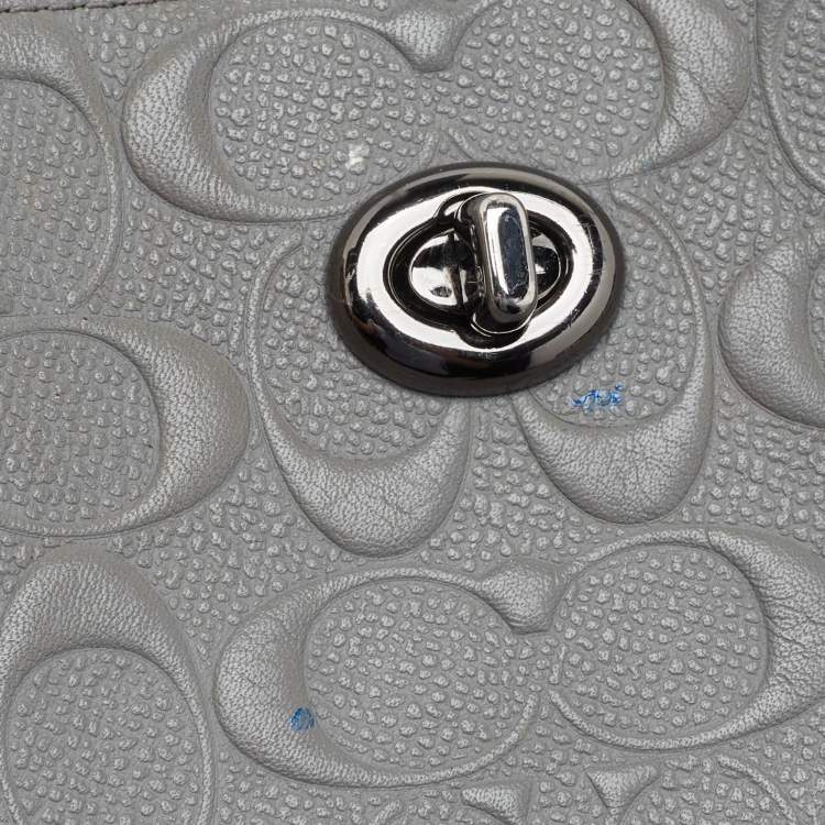 Pre Owned Coach Grey Signature Embossed Leather Turnlock Chain Tote