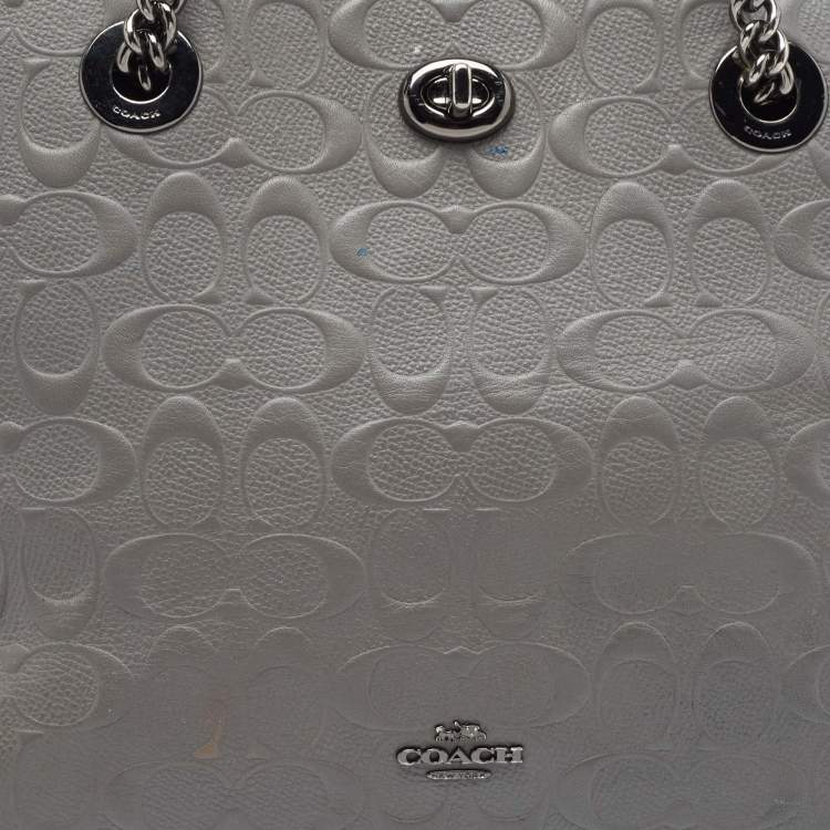 Pre Owned Coach Grey Signature Embossed Leather Turnlock Chain Tote