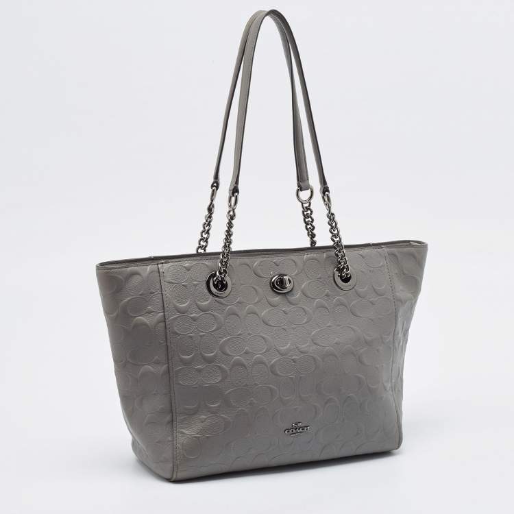 Pre Owned Coach Grey Signature Embossed Leather Turnlock Chain Tote