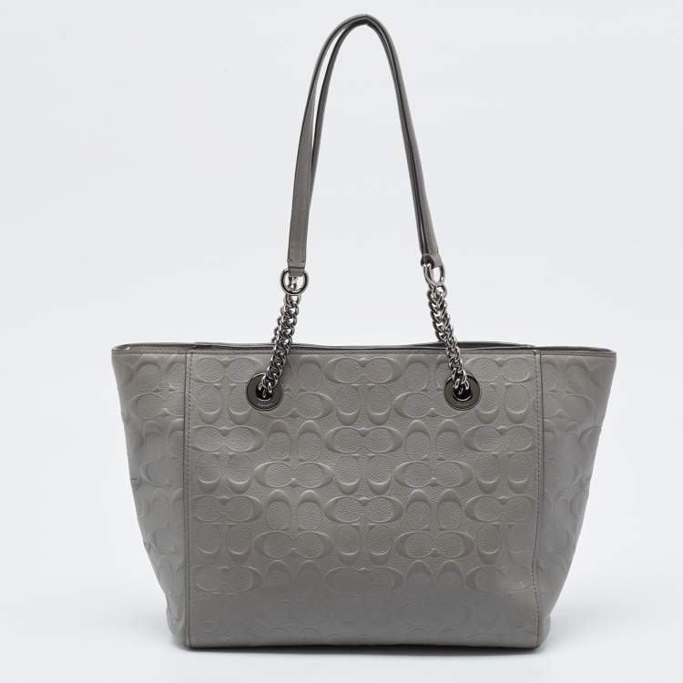 Pre Owned Coach Grey Signature Embossed Leather Turnlock Chain Tote
