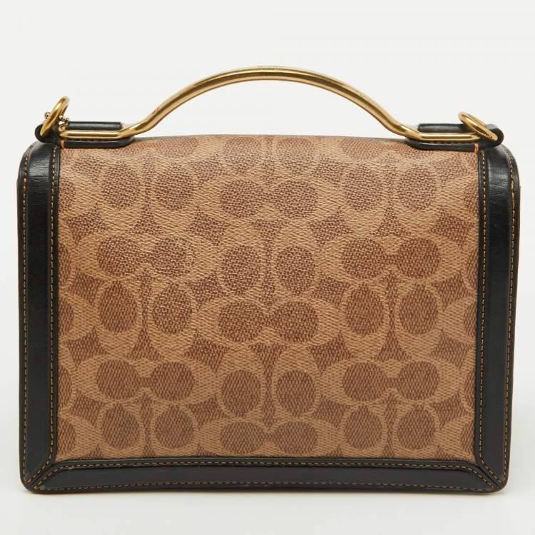 Pre Owned Coach Beige/Black Signature Coated Canvas and Leather Riley 22 Top Handle Bag