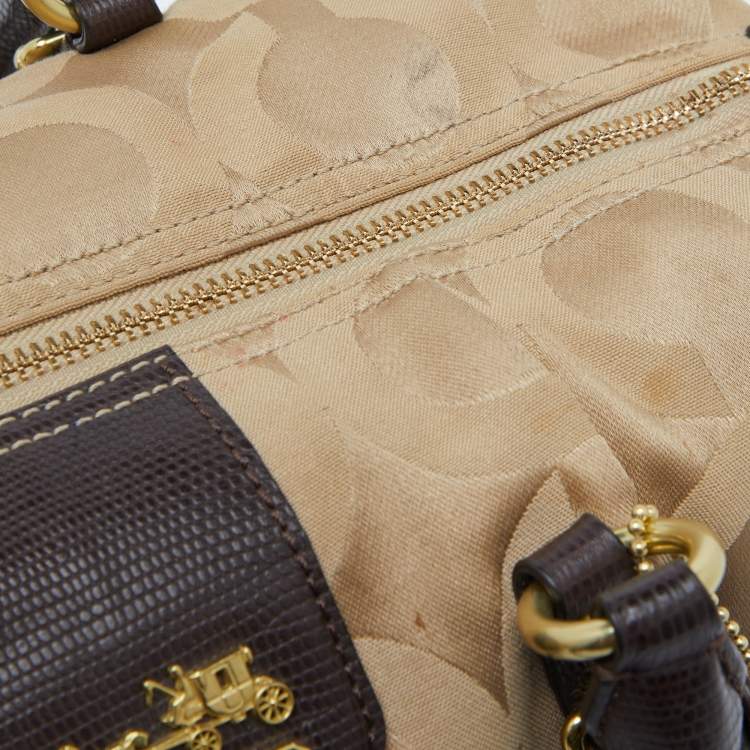Pre Owned Coach Beige/Brown Signature Canvas and Lizard Embossed Leather Madison Juliette Satchel