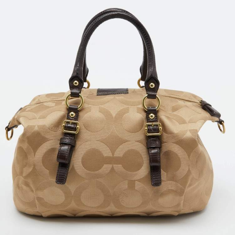 Pre Owned Coach Beige/Brown Signature Canvas and Lizard Embossed Leather Madison Juliette Satchel