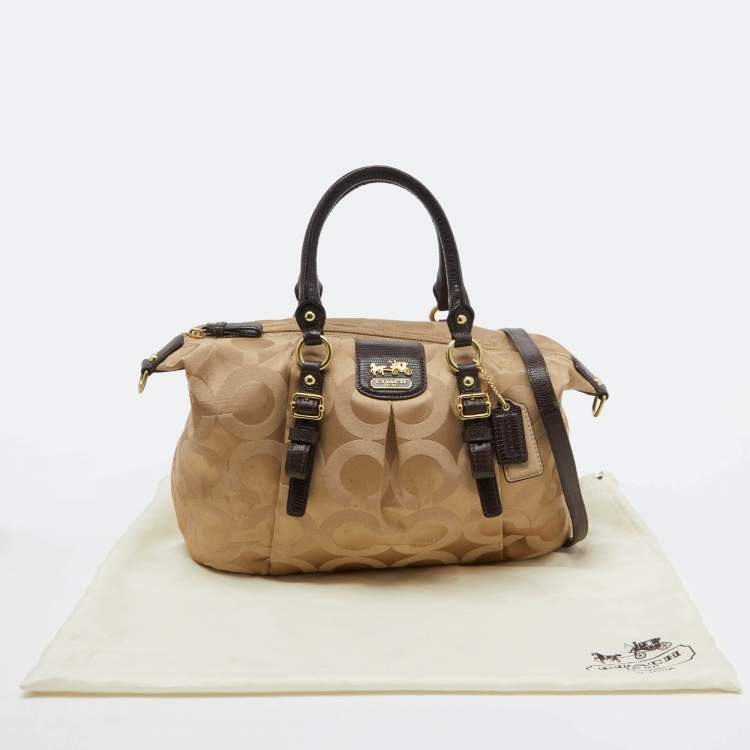 Pre Owned Coach Beige/Brown Signature Canvas and Lizard Embossed Leather Madison Juliette Satchel