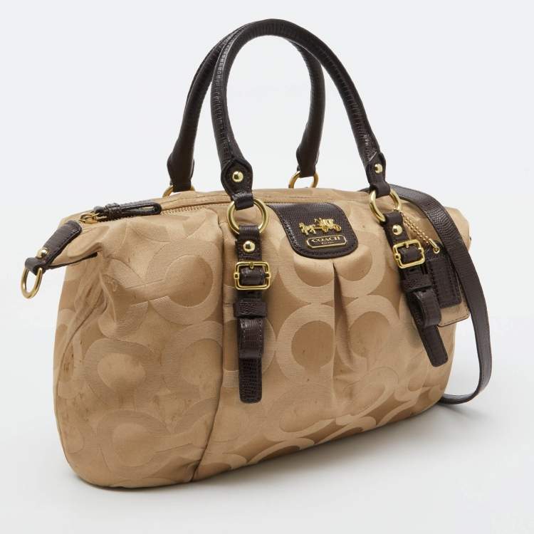 Pre Owned Coach Beige/Brown Signature Canvas and Lizard Embossed Leather Madison Juliette Satchel