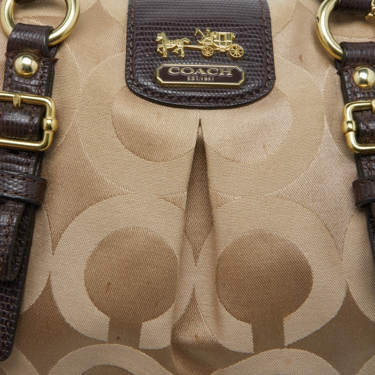Pre Owned Coach Beige/Brown Signature Canvas and Lizard Embossed Leather Madison Juliette Satchel