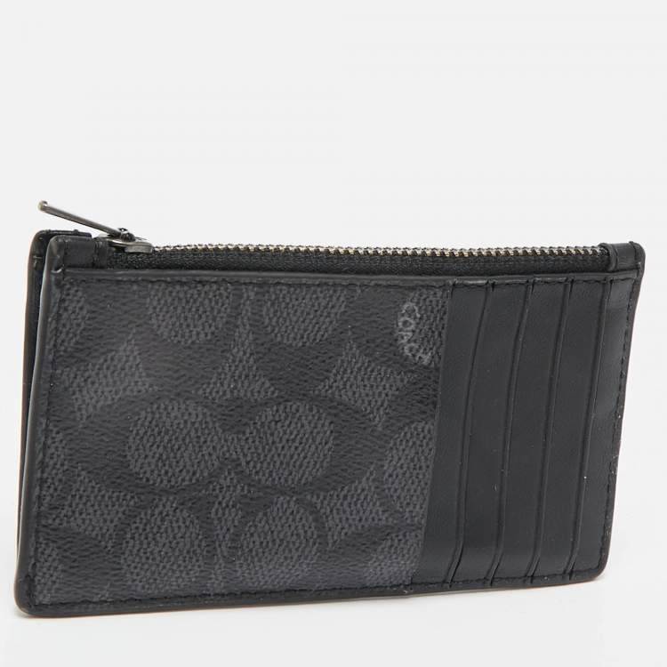 Pre Owned Coach Black Signature Coated Canvas and Leather Zip Card Case