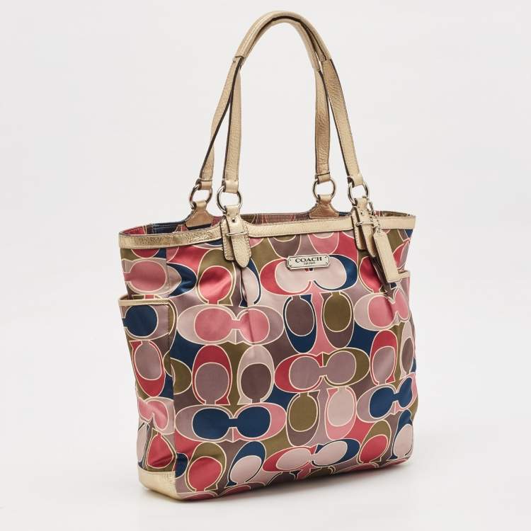 Pre Owned Coach Multicolor Op Art Satin and Leather Side Pocket Tote