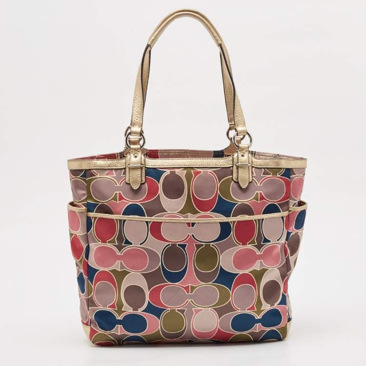 Pre Owned Coach Multicolor Op Art Satin and Leather Side Pocket Tote
