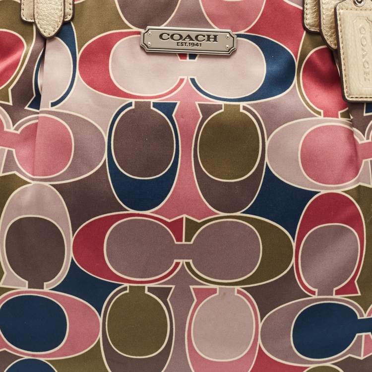 Pre Owned Coach Multicolor Op Art Satin and Leather Side Pocket Tote