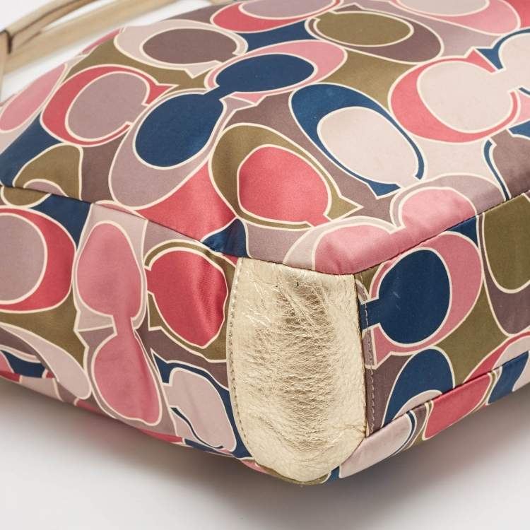 Pre Owned Coach Multicolor Op Art Satin and Leather Side Pocket Tote
