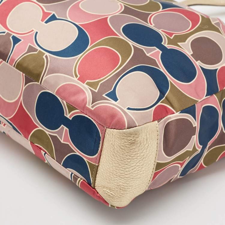 Pre Owned Coach Multicolor Op Art Satin and Leather Side Pocket Tote