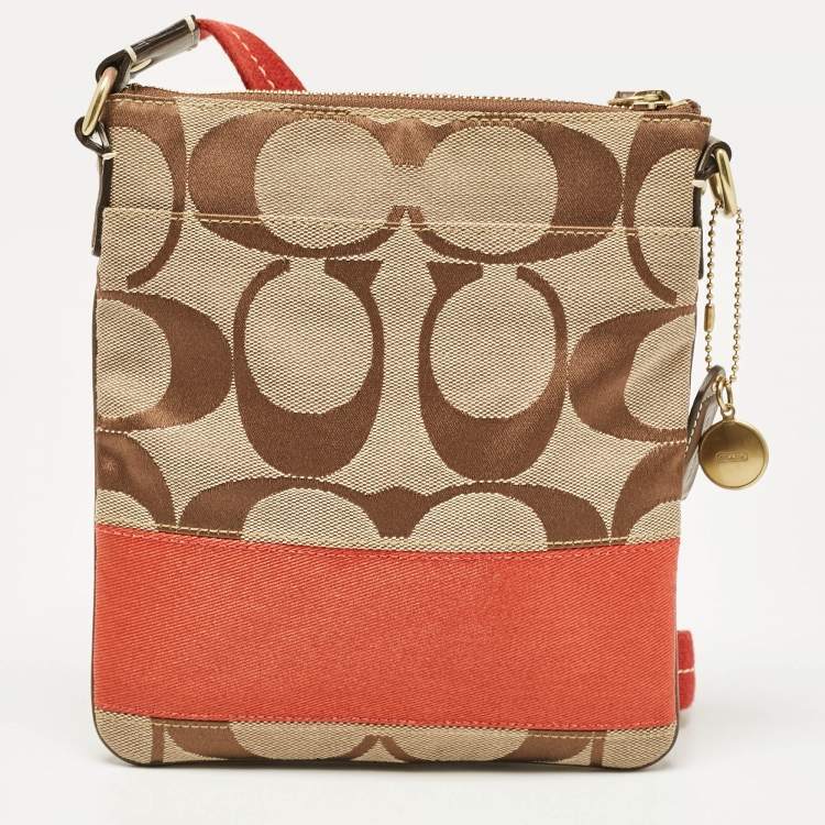 Pre Owned Coach Beige/Orange Signature Fabric and Leather Swingpack Messenger Bag