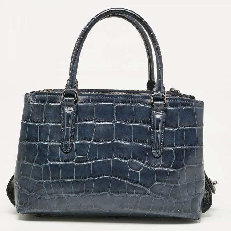 Pre Owned Coach Navy Blue Croc Embossed Leather Brooklyn Carryall Satchel