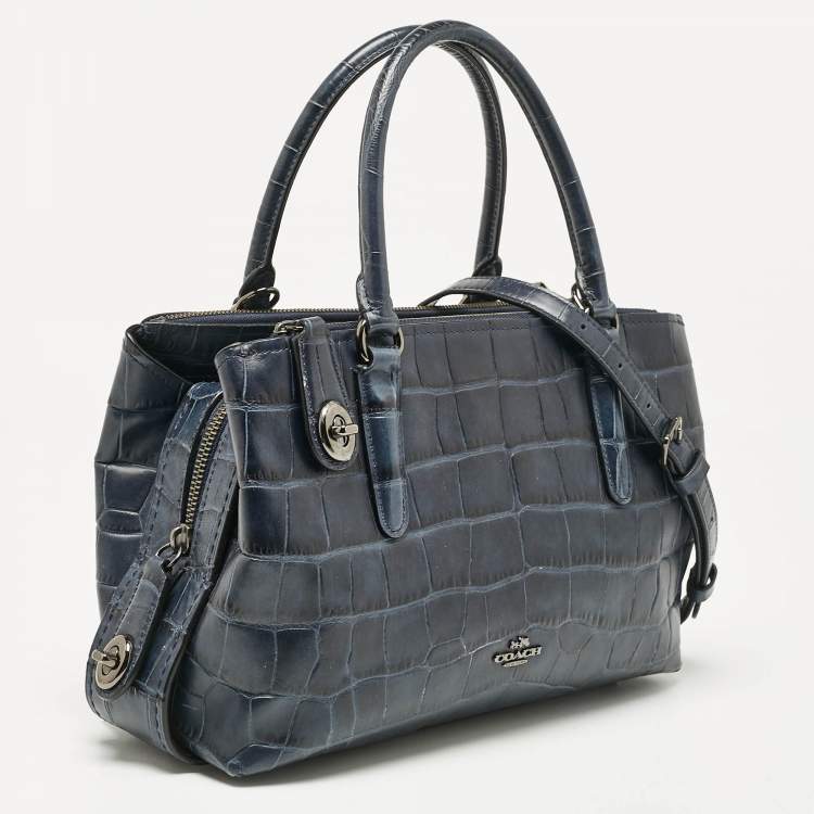 Pre Owned Coach Navy Blue Croc Embossed Leather Brooklyn Carryall Satchel