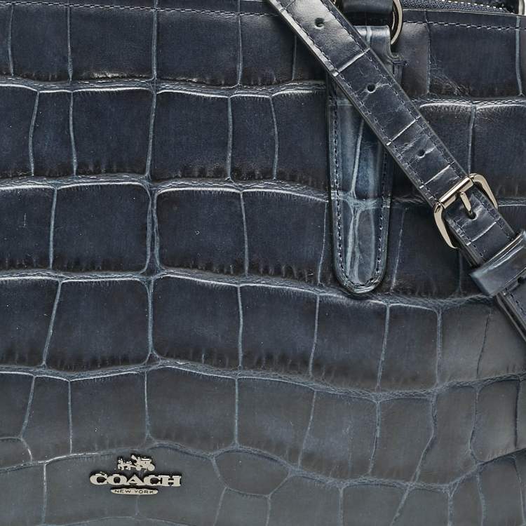 Pre Owned Coach Navy Blue Croc Embossed Leather Brooklyn Carryall Satchel