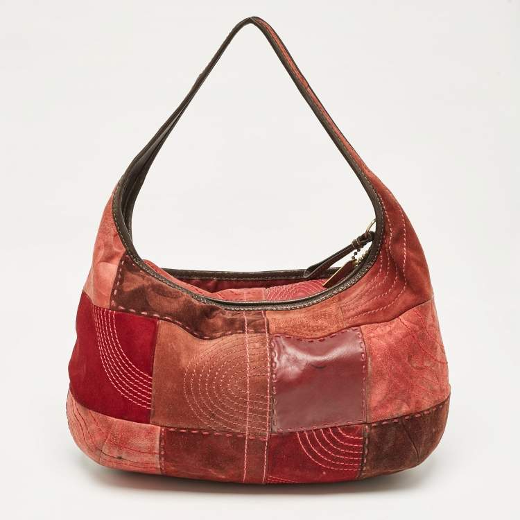 Pre Owned Coach Burgundy/Brown Leather and Suede Patchwork Ergo Hobo