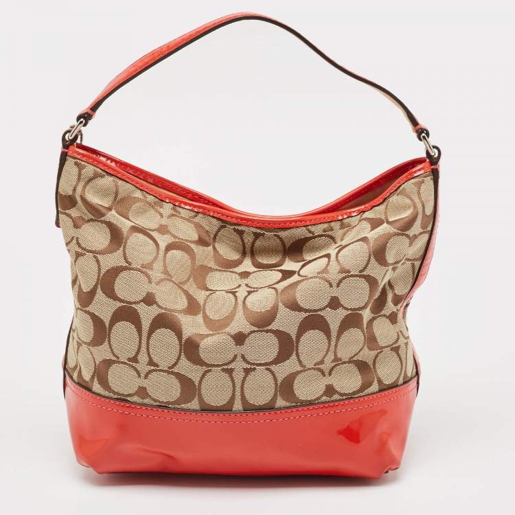 Pre Owned Coach Orange/Beige Signature Canvas and Patent Leather Hobo