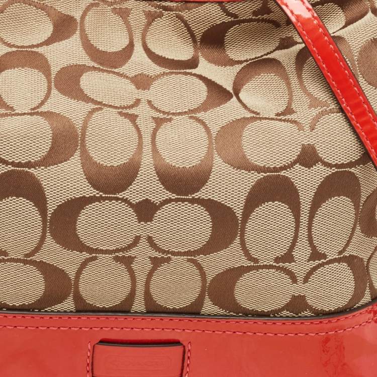 Pre Owned Coach Orange/Beige Signature Canvas and Patent Leather Hobo
