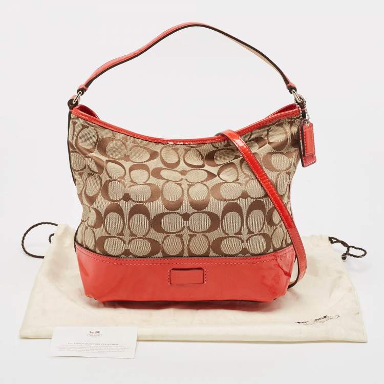 Pre Owned Coach Orange/Beige Signature Canvas and Patent Leather Hobo