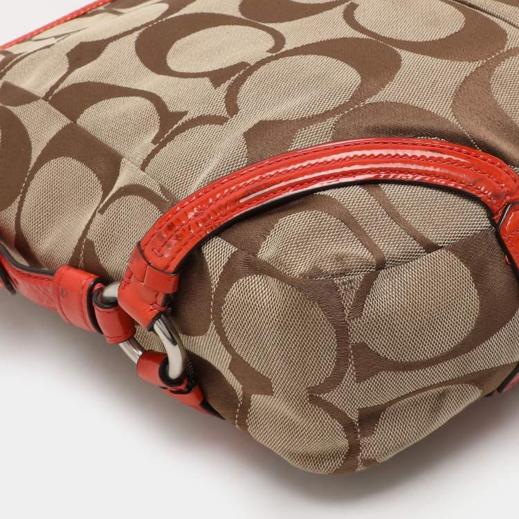 Pre Owned Coach Beige/Orange Signature Canvas and Patent Leather Katarina Hobo