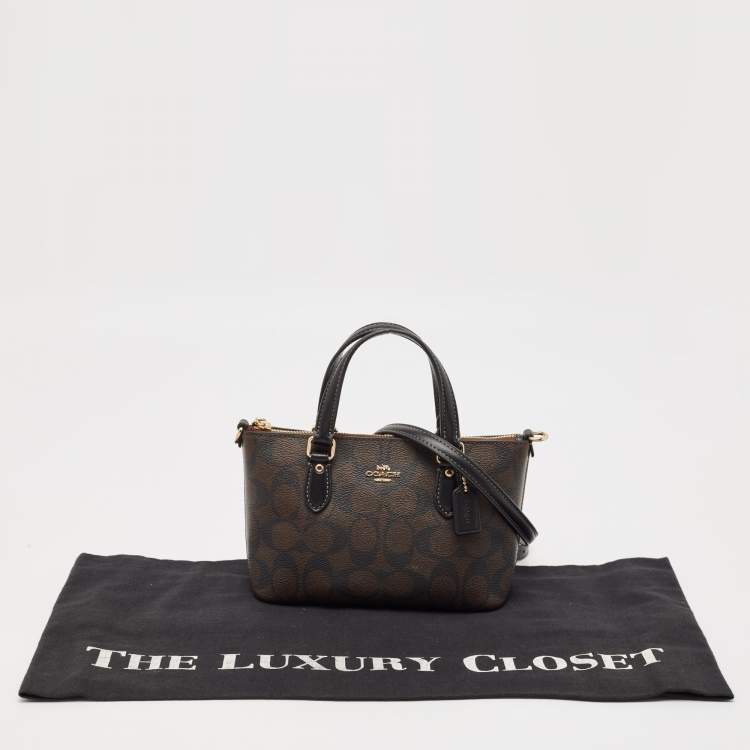 Pre Owned Coach Black/Brown Signature Coated Canvas and Leather Mini Gallery Crossbody Bag