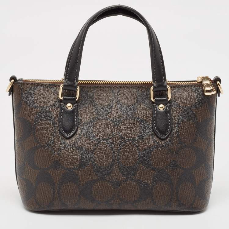 Pre Owned Coach Black/Brown Signature Coated Canvas and Leather Mini Gallery Crossbody Bag